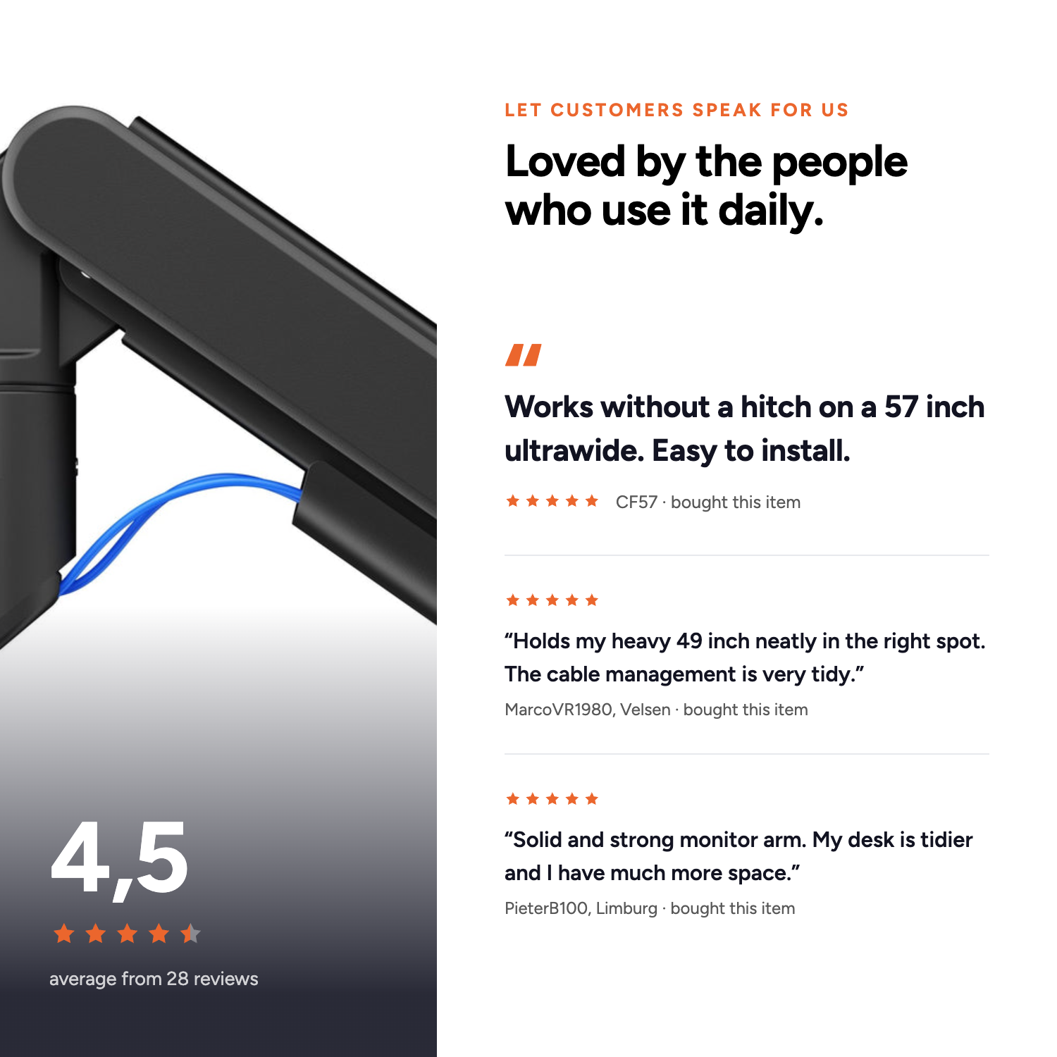 Customer reviews of the Alberenz Heavy Duty monitor arm, 4.5 out of 5 from 28 reviews