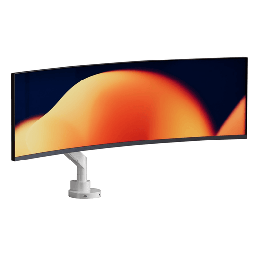 Alberenz Heavy Duty white monitor arm with a 49 inch curved ultrawide screen, front view on a white background
