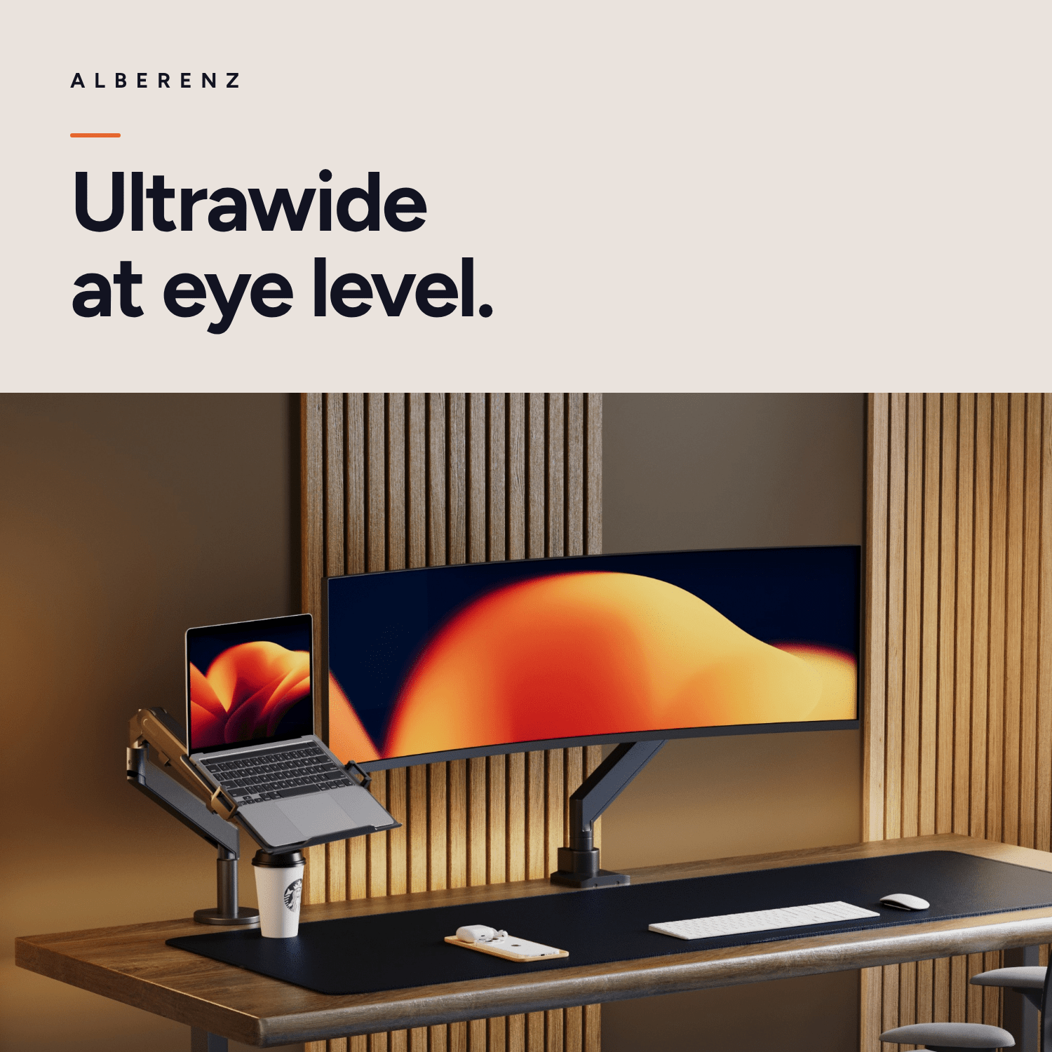 Alberenz heavy duty monitor arm with gas spring, matte black: ultrawide screen at eye level on a dark desk