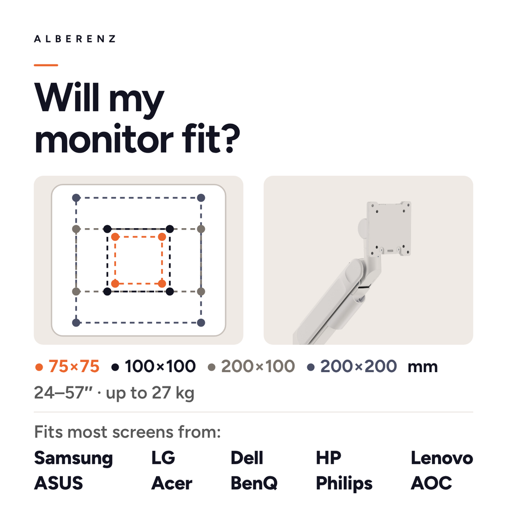 Alberenz® Support d'Écran à Vérin à Gaz Robuste Blanc (jusqu'à 57 pouces)