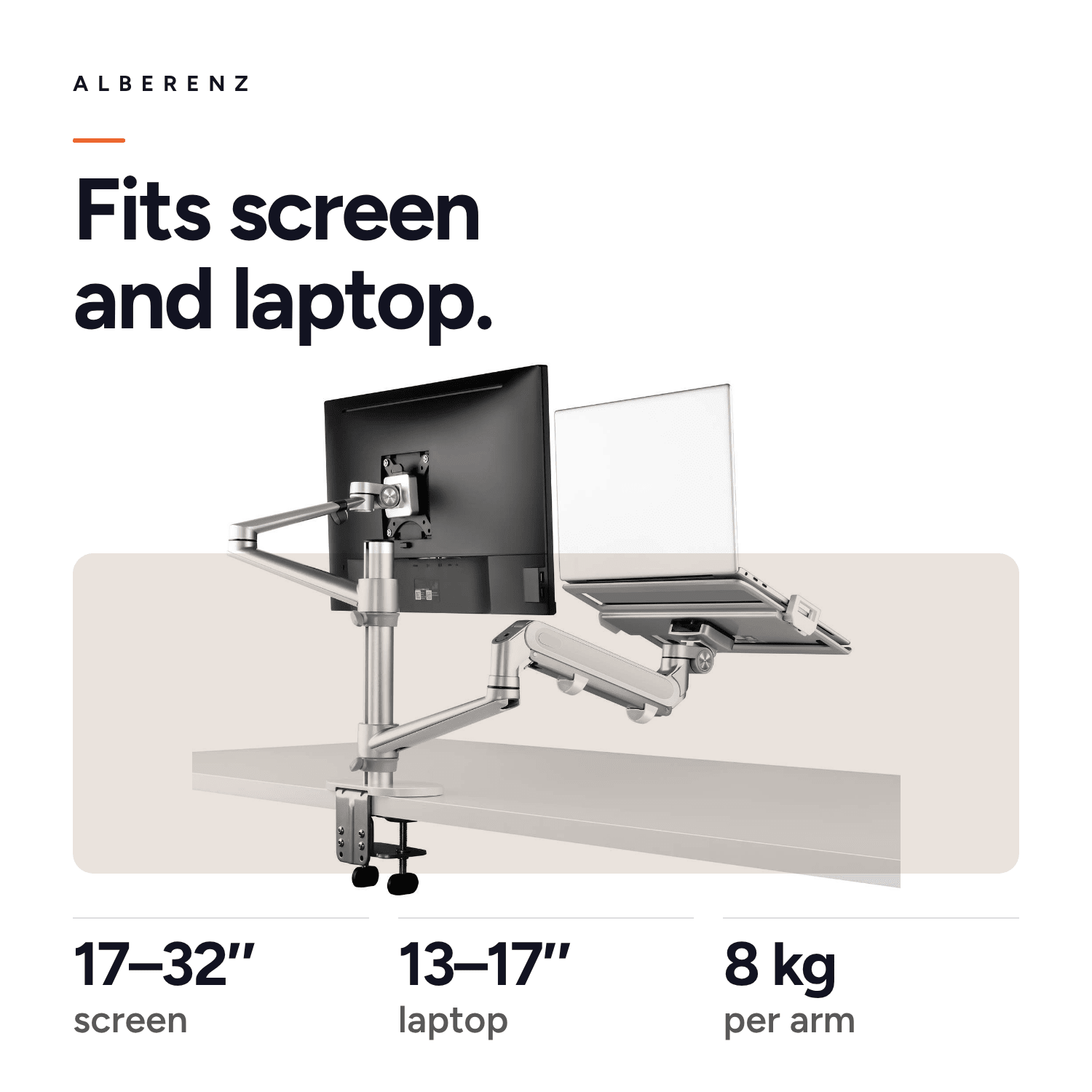 Monitor arm with laptop tray Alberenz specs: monitor 17 to 32 inch, laptop 13 to 17 inch, up to 8 kg per arm