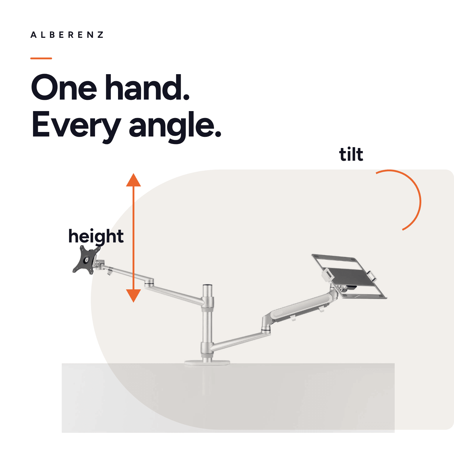 Gas spring monitor arm and laptop arm Alberenz: height, tilt and rotation with one hand