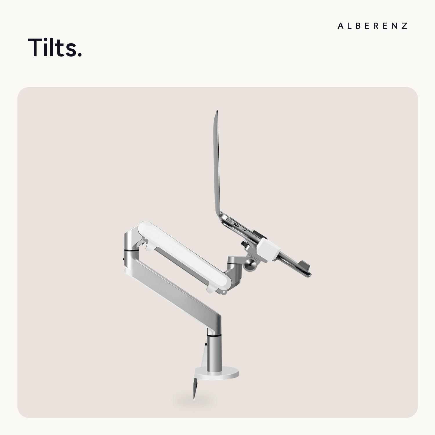 Alberenz gas spring laptop arm, silver: tilting tray, laptop set upright