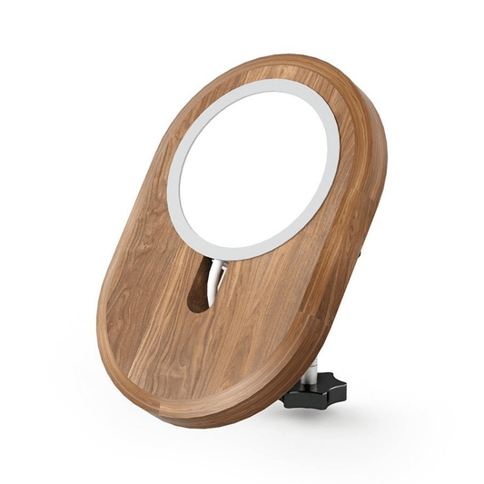 Alberenz walnut MagSafe charger mount with clamp: front view