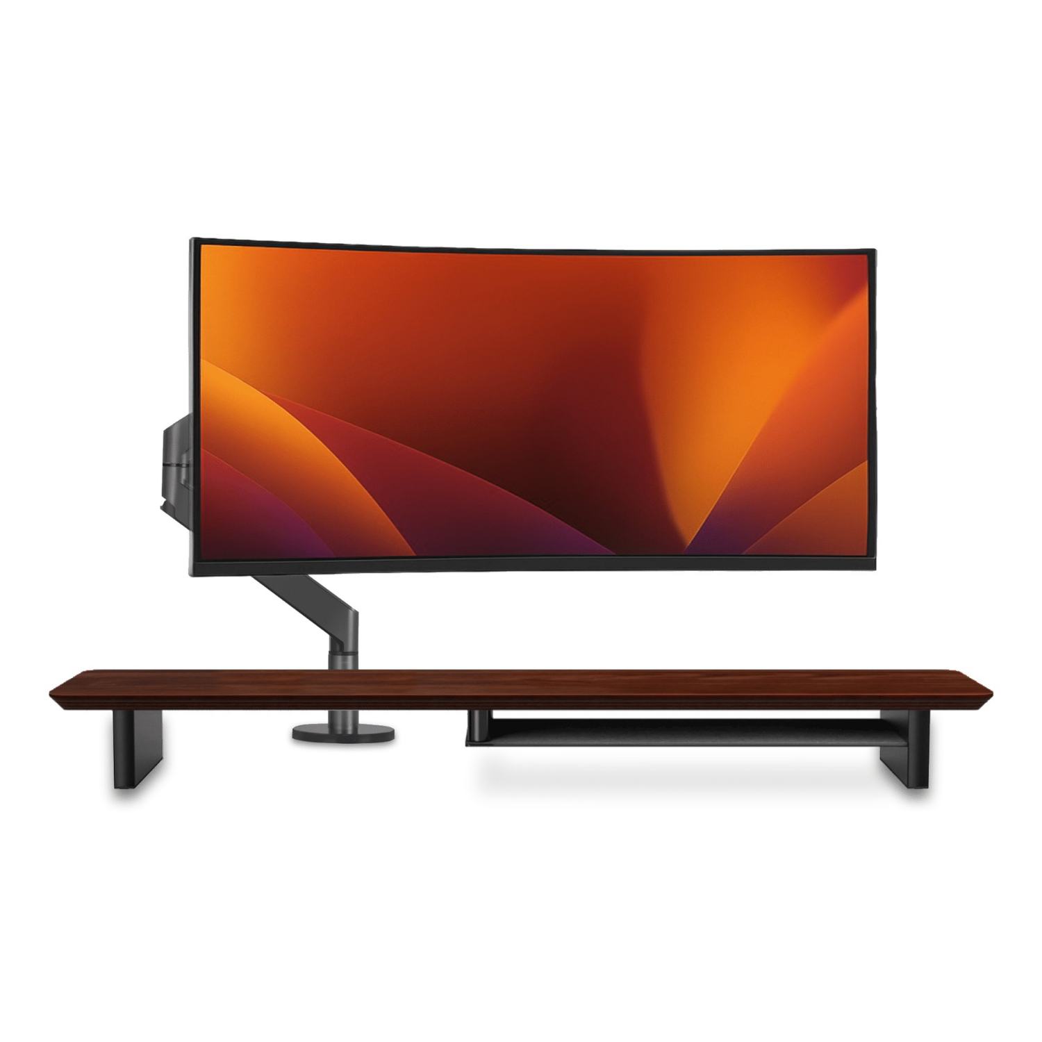 Alberenz gas spring monitor arm dark grey with walnut monitor riser: front view with a wide screen