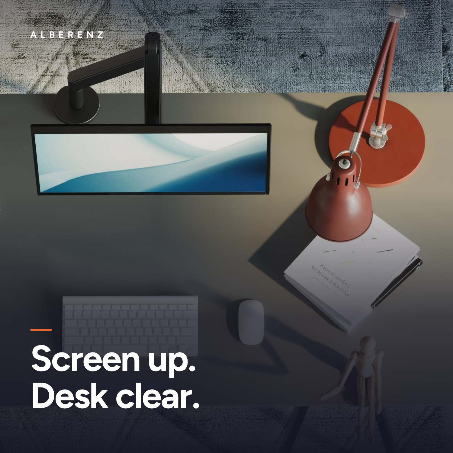 Alberenz gas spring monitor arm dark grey with walnut monitor riser: desk from above with a wide screen on the arm