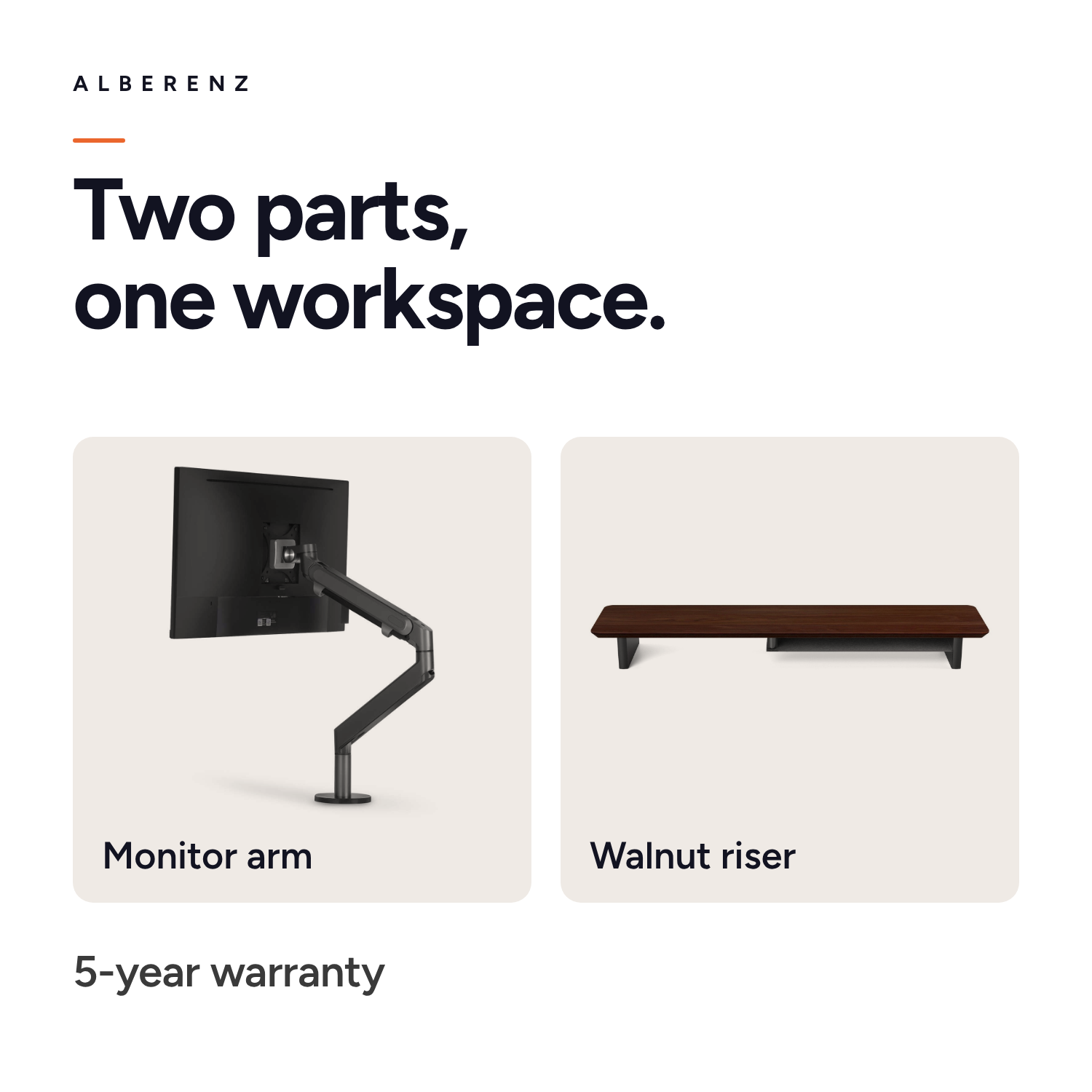 Alberenz gas spring monitor arm dark grey with walnut monitor riser: the two parts of the set: monitor arm and riser