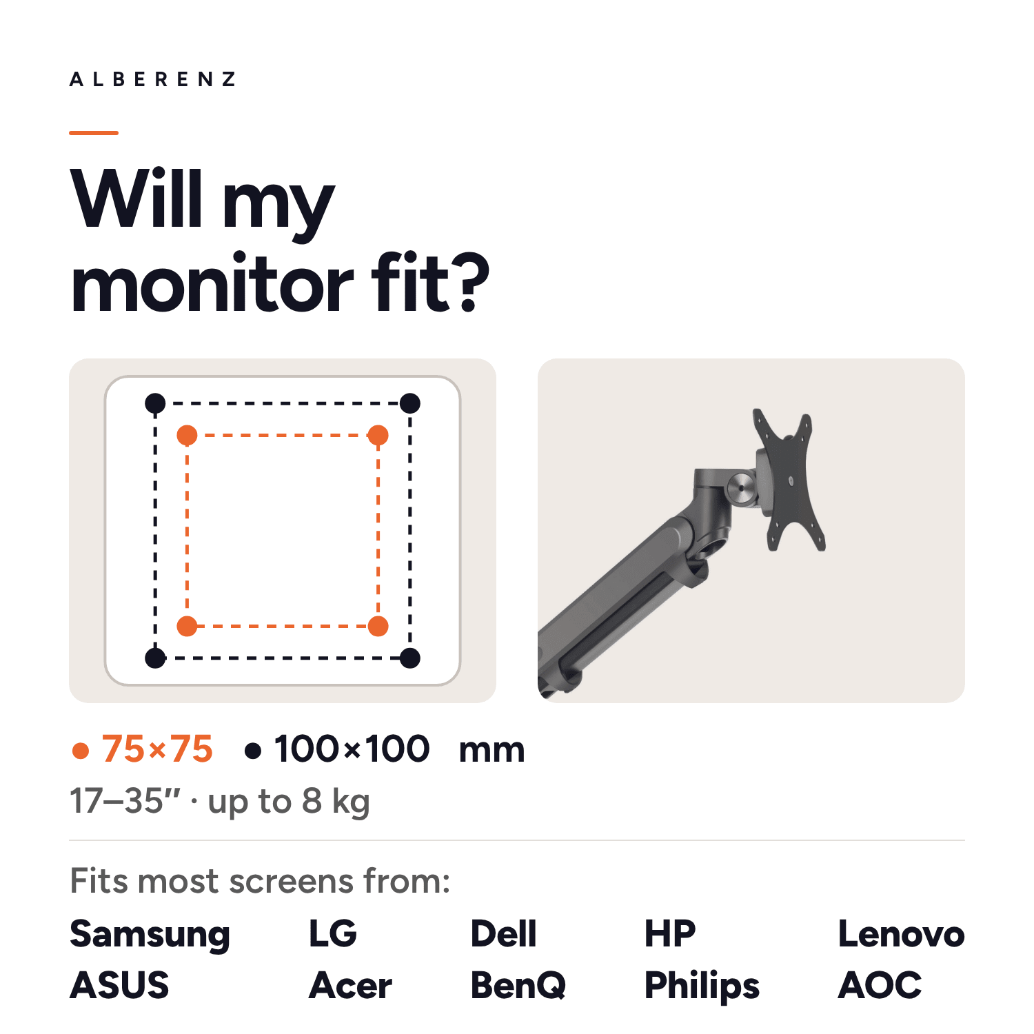 Alberenz gas spring monitor arm dark grey with walnut monitor riser: fits monitors from Samsung, LG, Dell, HP and more