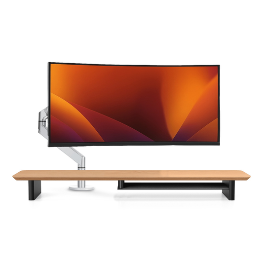 Alberenz gas spring monitor arm silver with oak monitor riser: front view with a wide screen