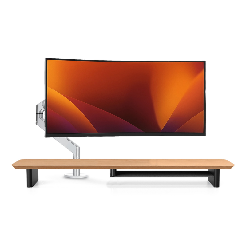 Alberenz gas spring monitor arm silver with oak monitor riser: front view with a wide screen