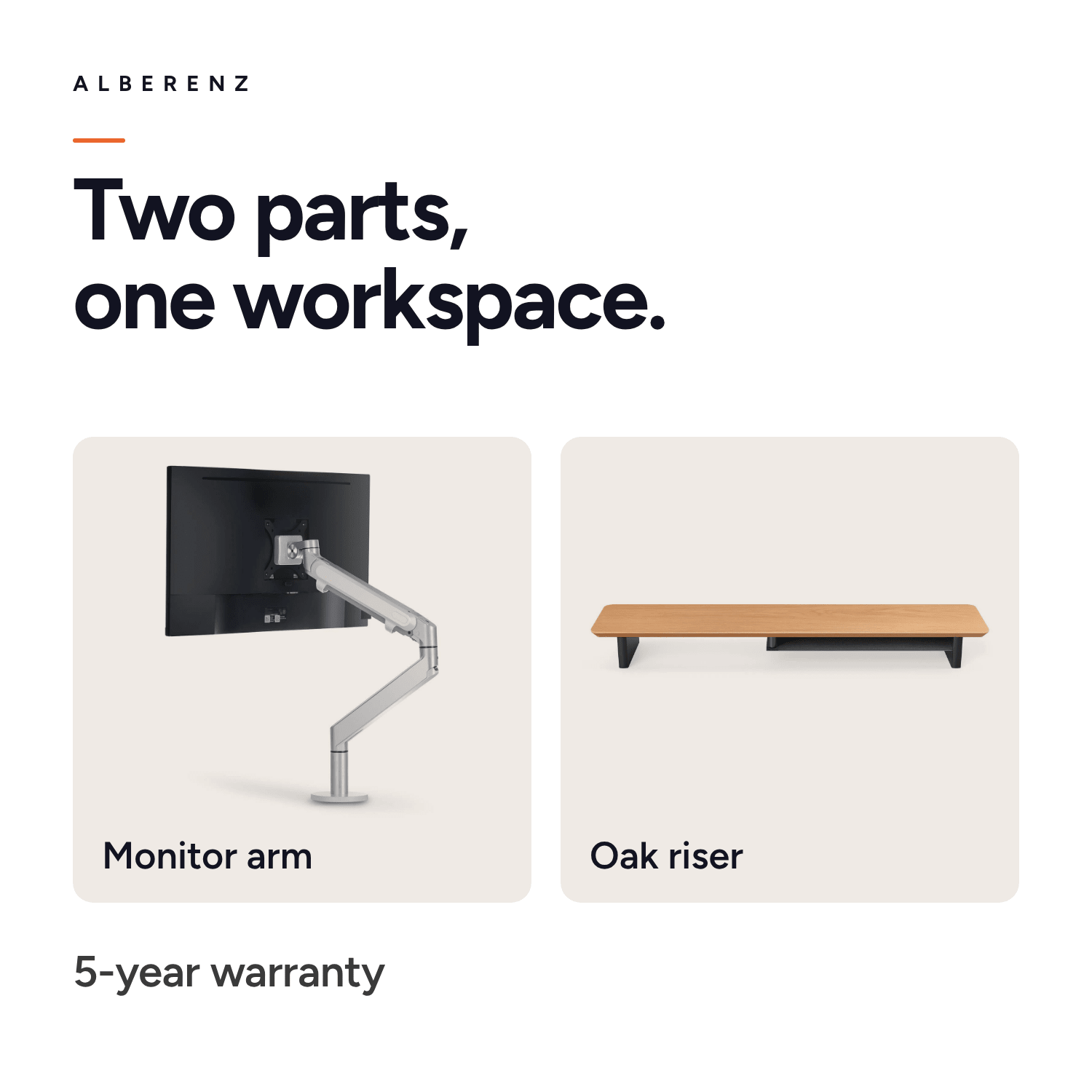 Alberenz gas spring monitor arm silver with oak monitor riser: the two parts of the set: monitor arm and riser