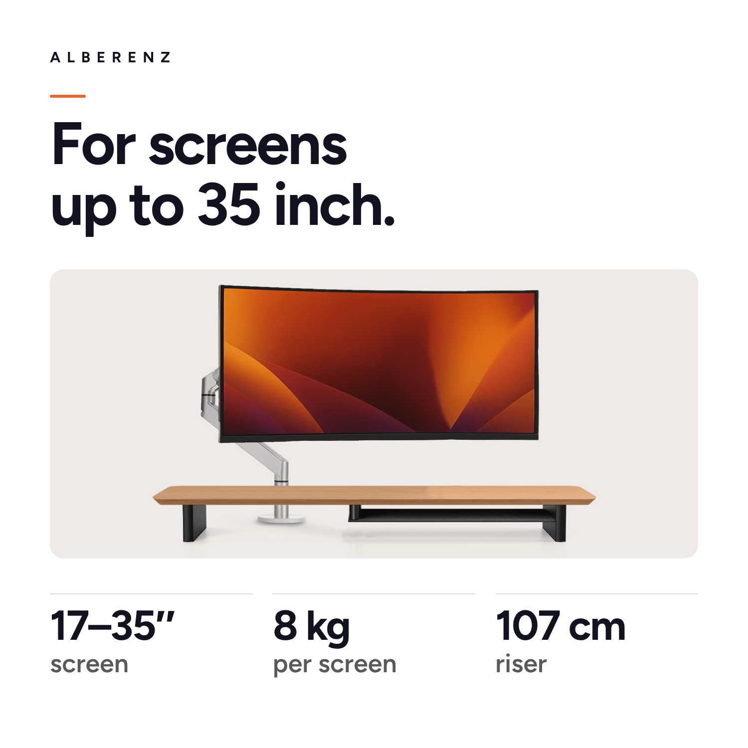 Alberenz gas spring monitor arm silver with oak monitor riser: for screens from 17 to 35 inch, up to 8 kg, riser 107 cm
