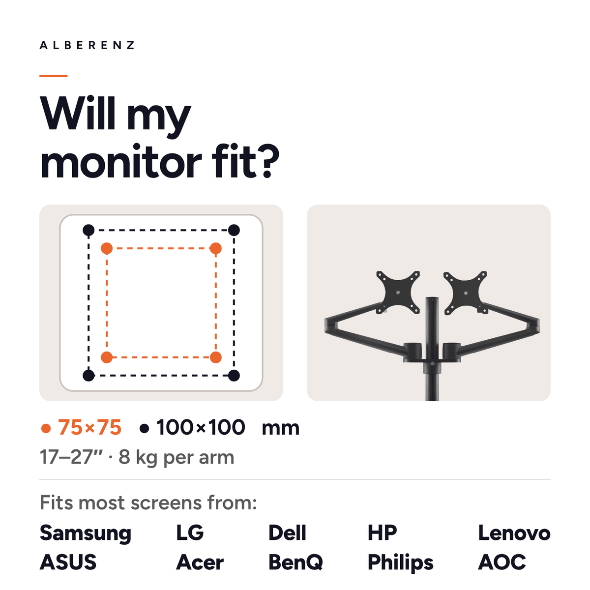Alberenz® Monitor Mount for 2 Screens Black - Alberenz - Monitor mount