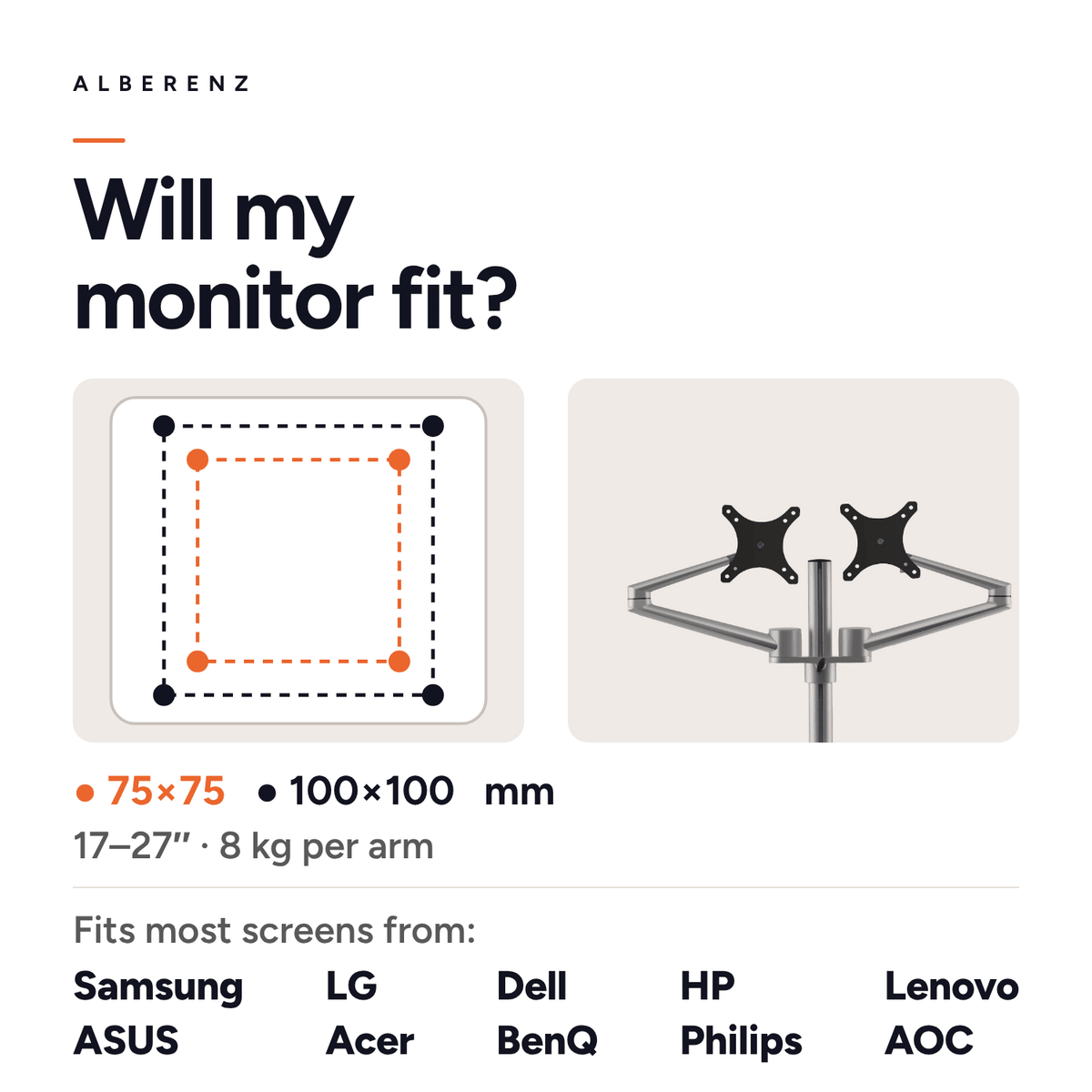 Alberenz® Monitor Mount for 2 Screens Silver - Alberenz - Monitor mount
