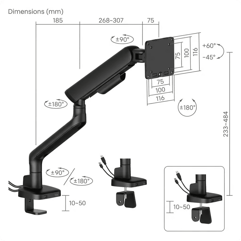 Braccio singolo per monitor Alberenz a molla a gas - Fino a 40 pollici - con USB - Nero