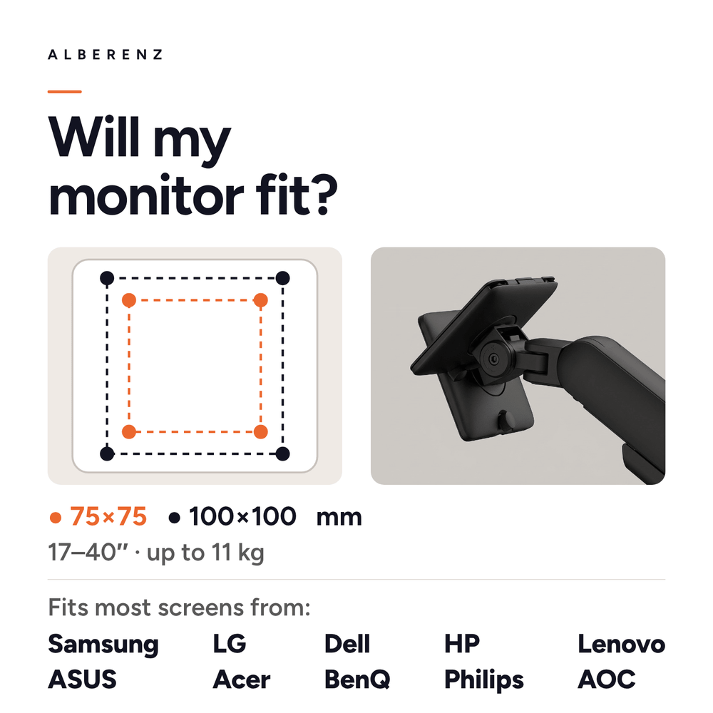 Alberenz® Enkele Monitorarm - Tot 40 inch - met USB-C & USB-A - Zwart