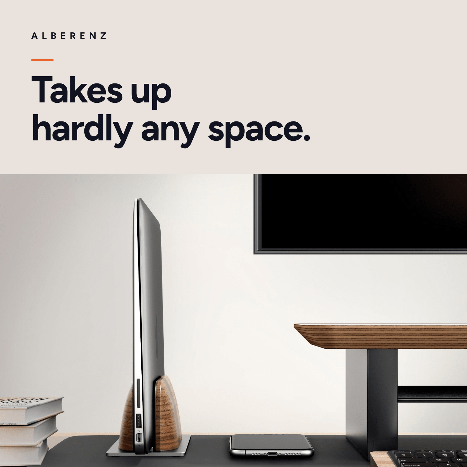 Alberenz vertical laptop stand in walnut: side view, takes up hardly any space