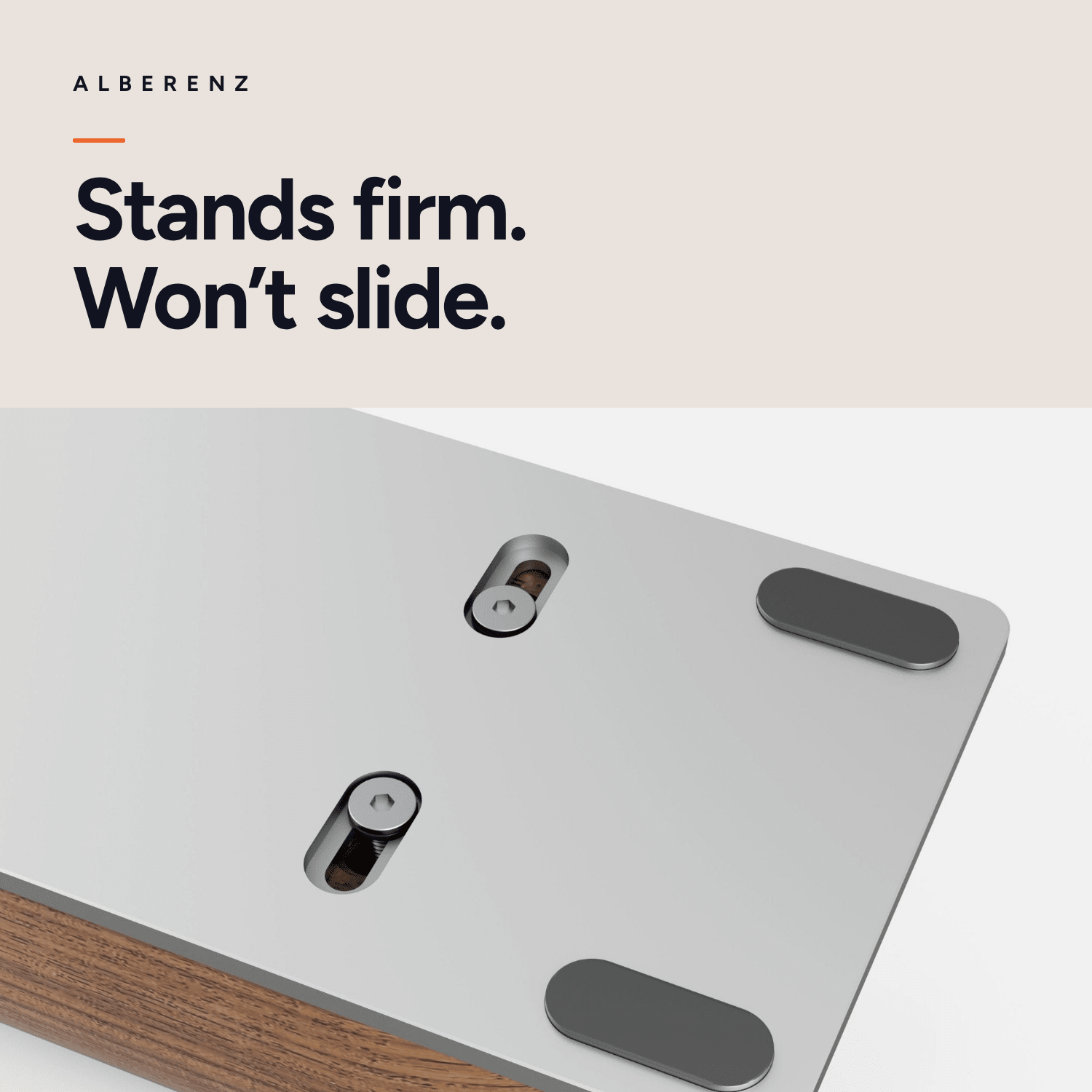 Alberenz vertical laptop stand in walnut: underside with non-slip pads, stands firm