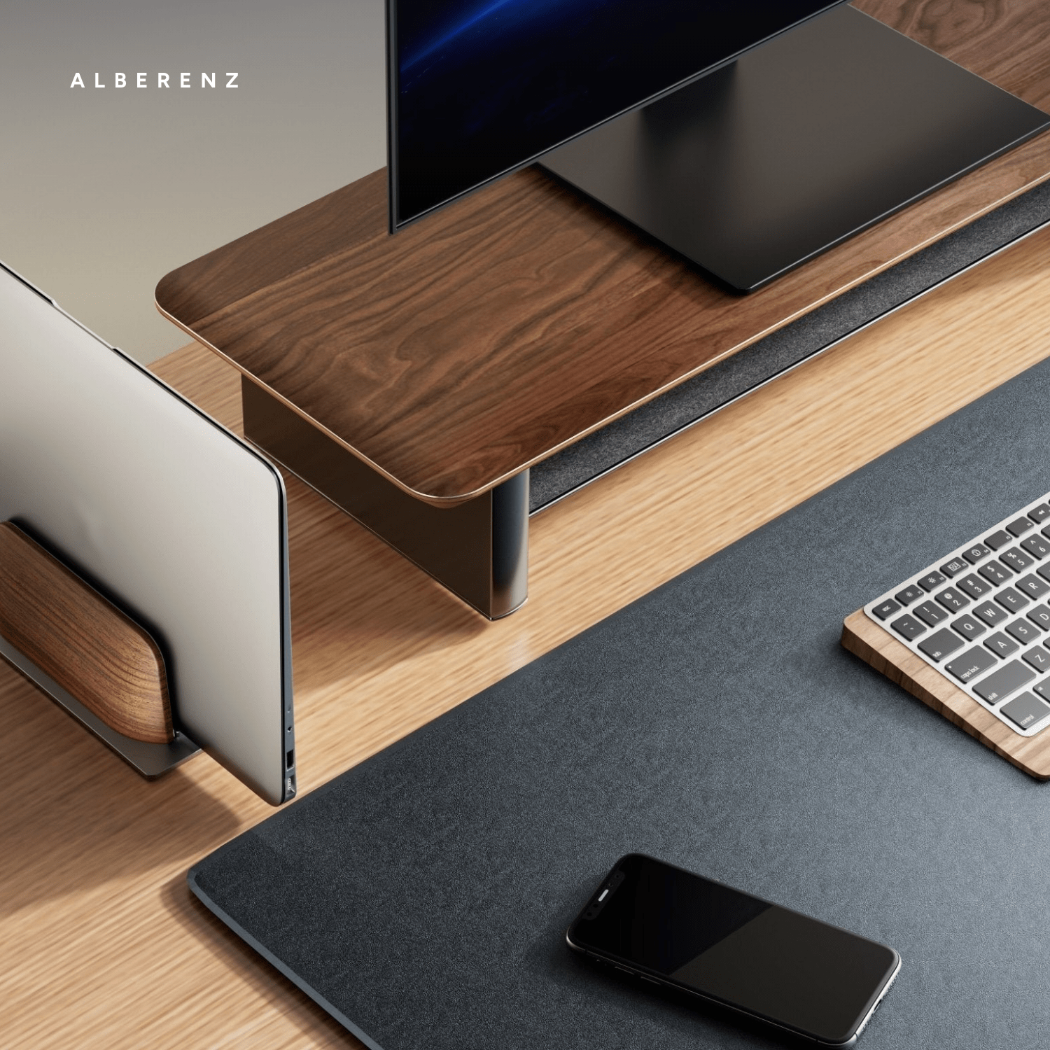 Alberenz vertical laptop stand in walnut: in a complete desk setup