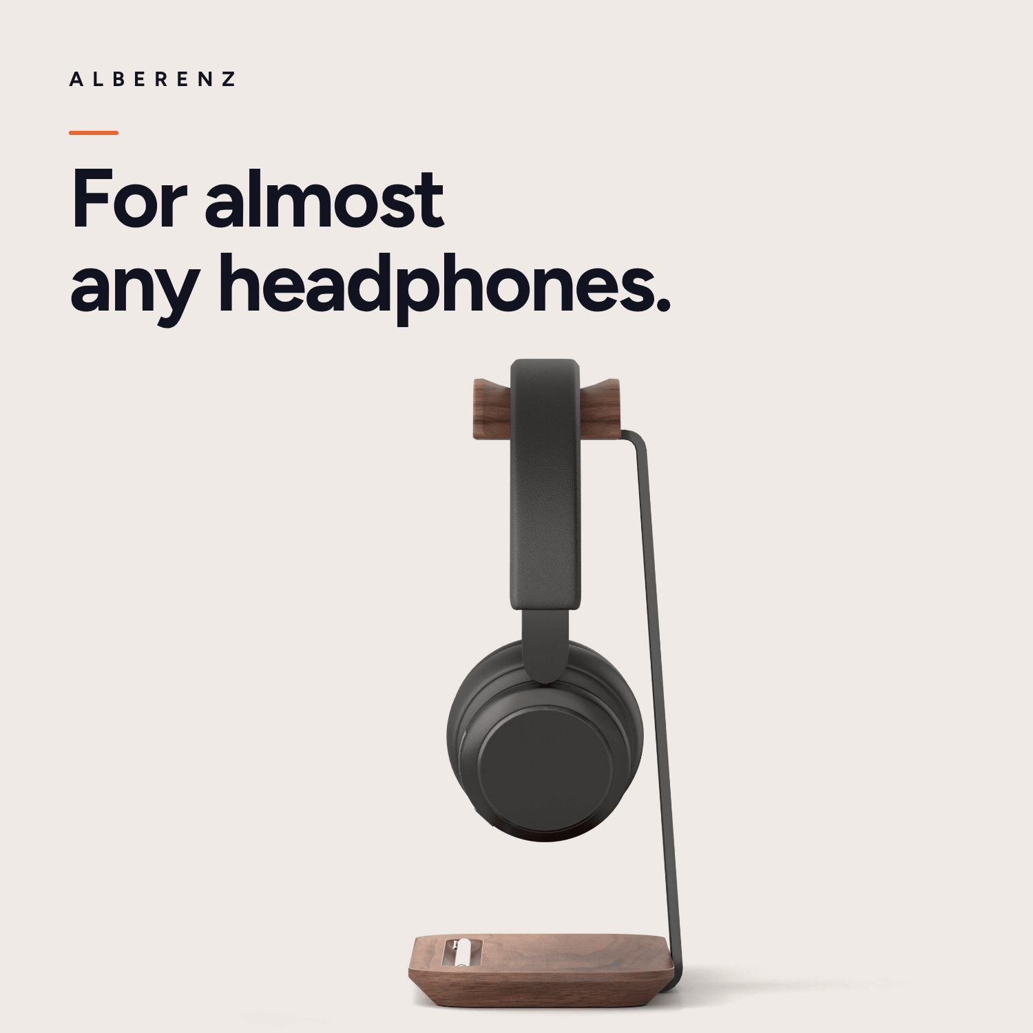 Alberenz walnut headphone stand with pen holder: side view, fits almost any headphones
