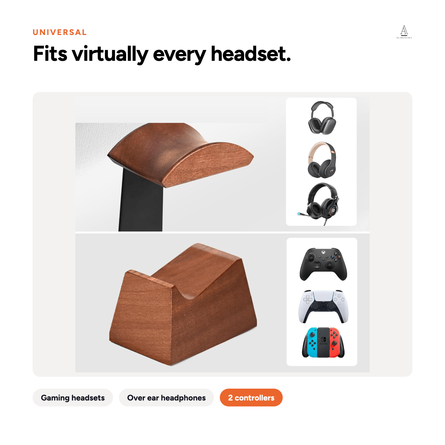 Alberenz® Wooden Headphone Stand with Controller Holder — Sleek & Functional Desk Organizer - Alberenz -
