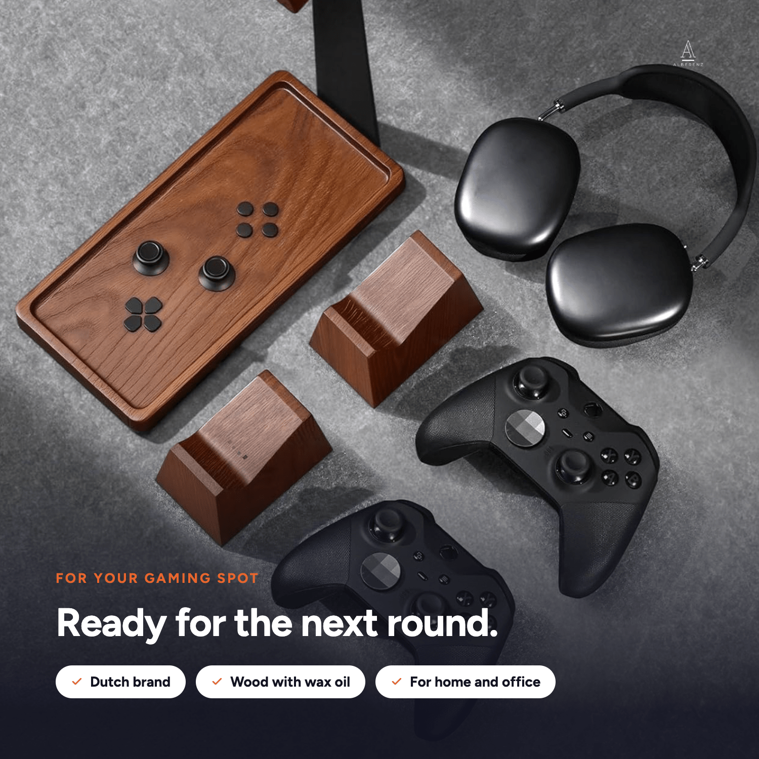 Alberenz® Wooden Headphone Stand with Controller Holder — Sleek & Functional Desk Organizer - Alberenz -