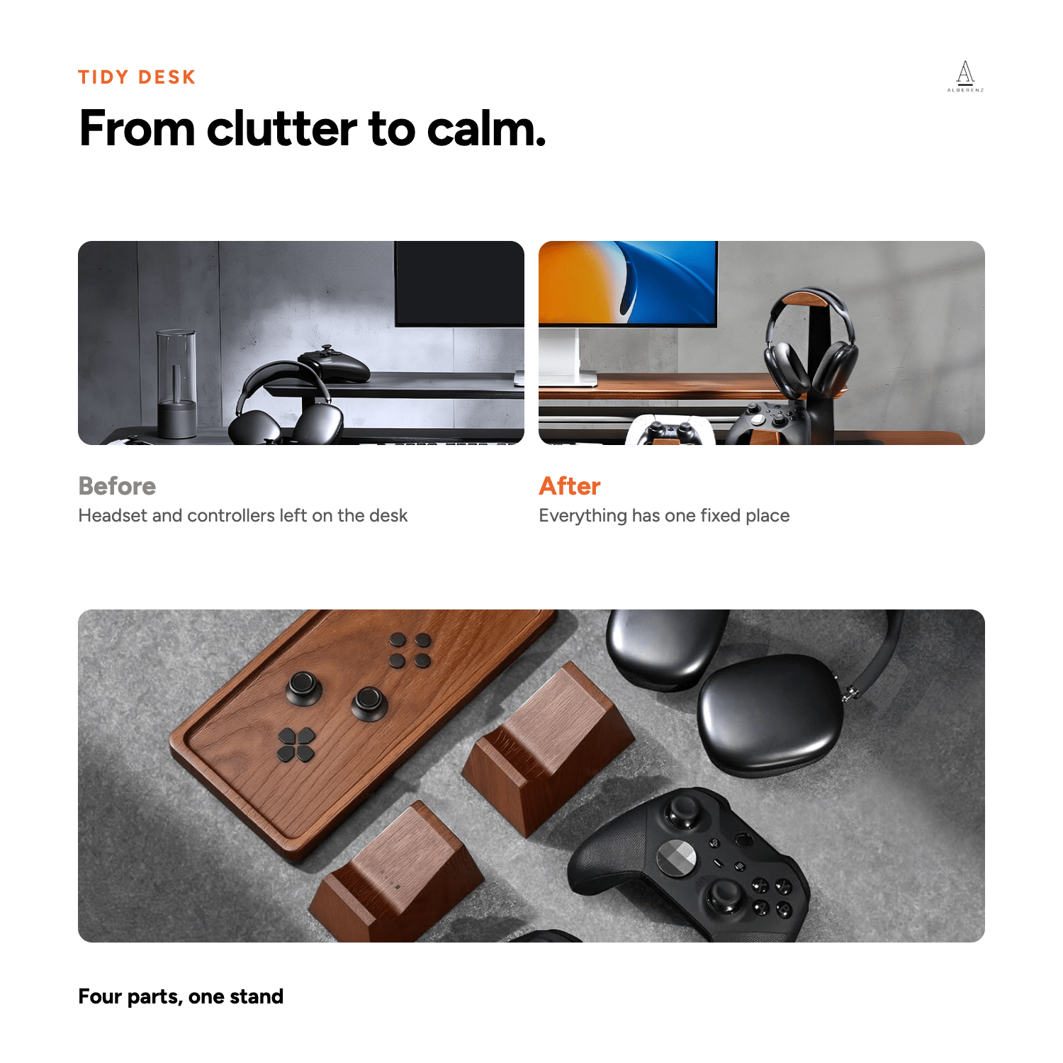 Alberenz® Wooden Headphone Stand with Controller Holder — Sleek & Functional Desk Organizer - Alberenz -