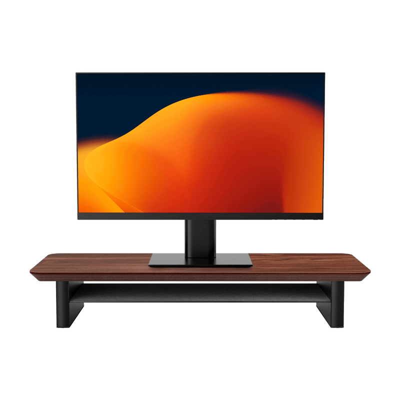 Alberenz walnut monitor riser for one screen, front view on white