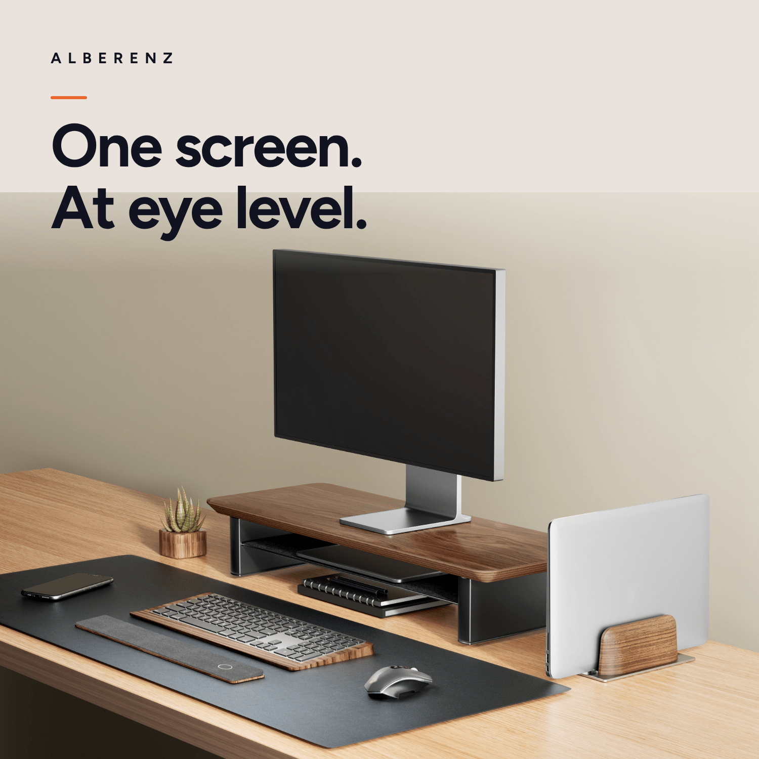 Alberenz walnut monitor riser for one screen: one screen at eye level