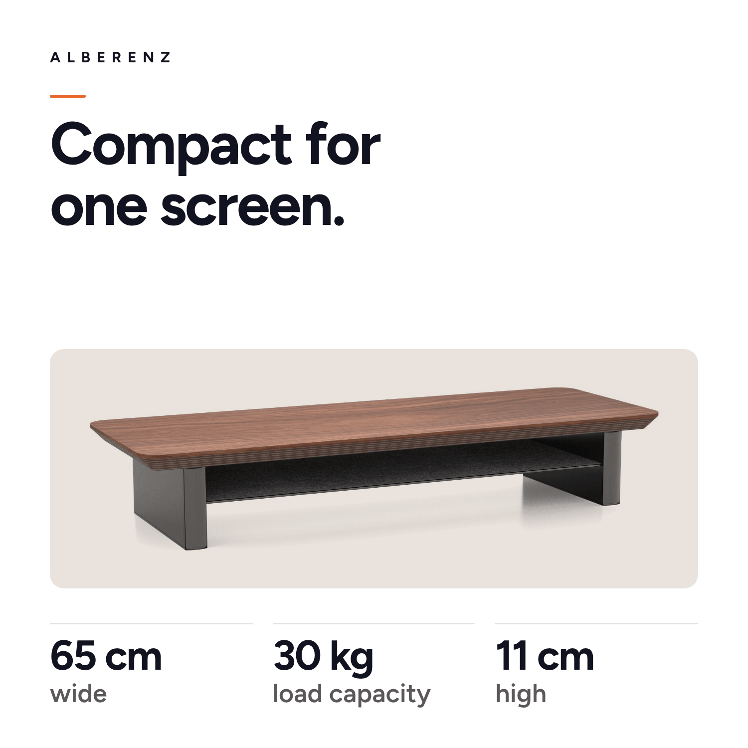 Alberenz walnut monitor riser for one screen: 65 cm wide, 30 kg load capacity, 11 cm high