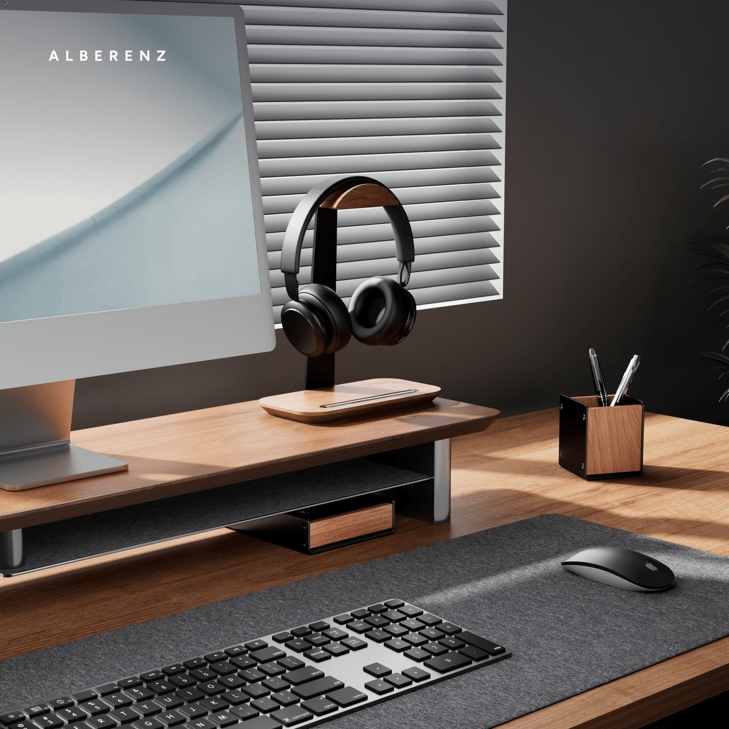 Alberenz walnut monitor riser for one screen: lifestyle photo on the desk