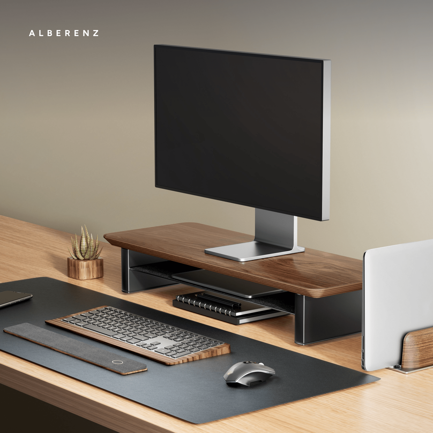 Alberenz walnut monitor riser for one screen: studio shot