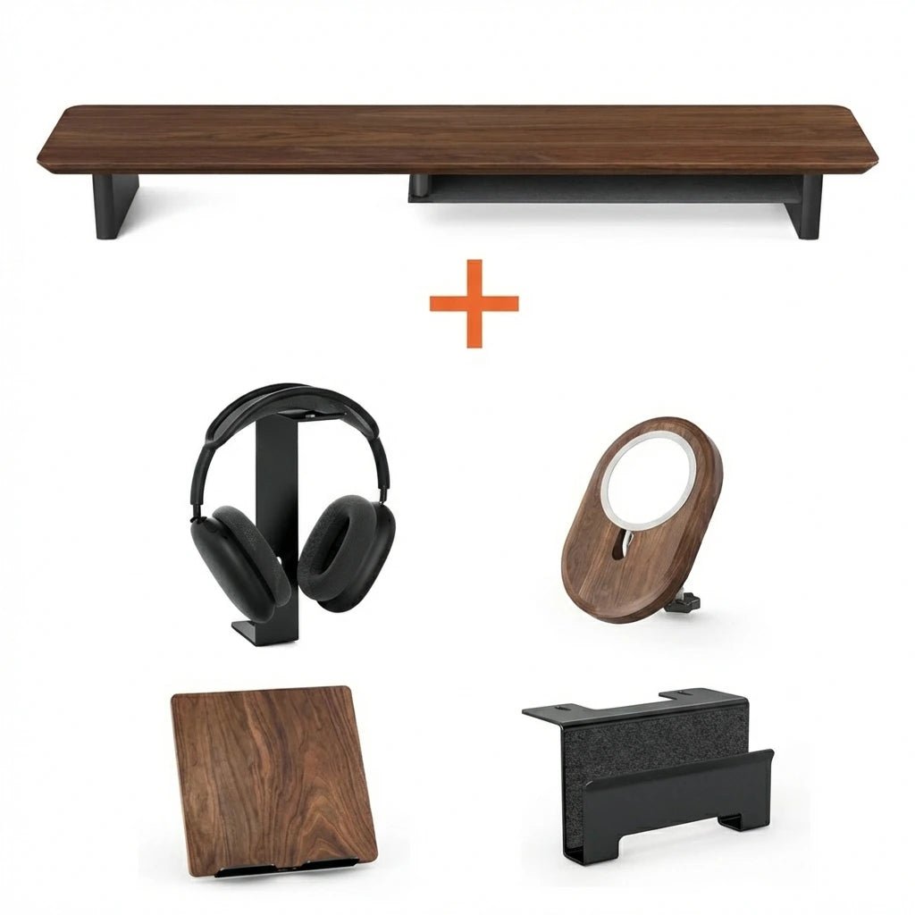 Bundle: Walnut Monitor Riser + MagSafe Charger + Laptop Holder + Tablet Stand + Headphone Holder - Alberenz - Bundles