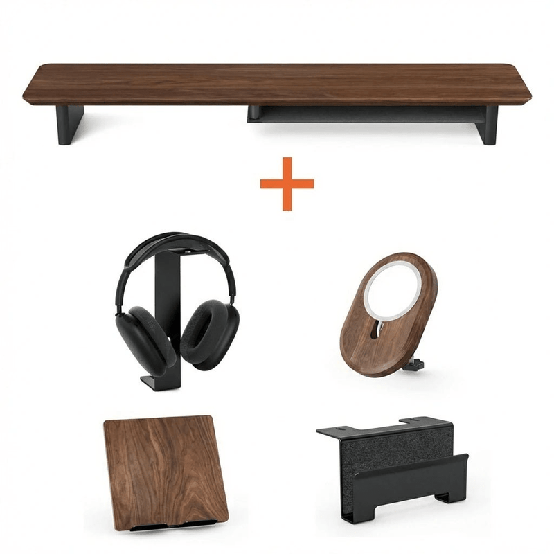 Bundle: Walnuss-Monitor-Erhiewung + MagSafe-Ladegerät + Laptop-Halter + Tablet-Stand + Kopfhörerhalter