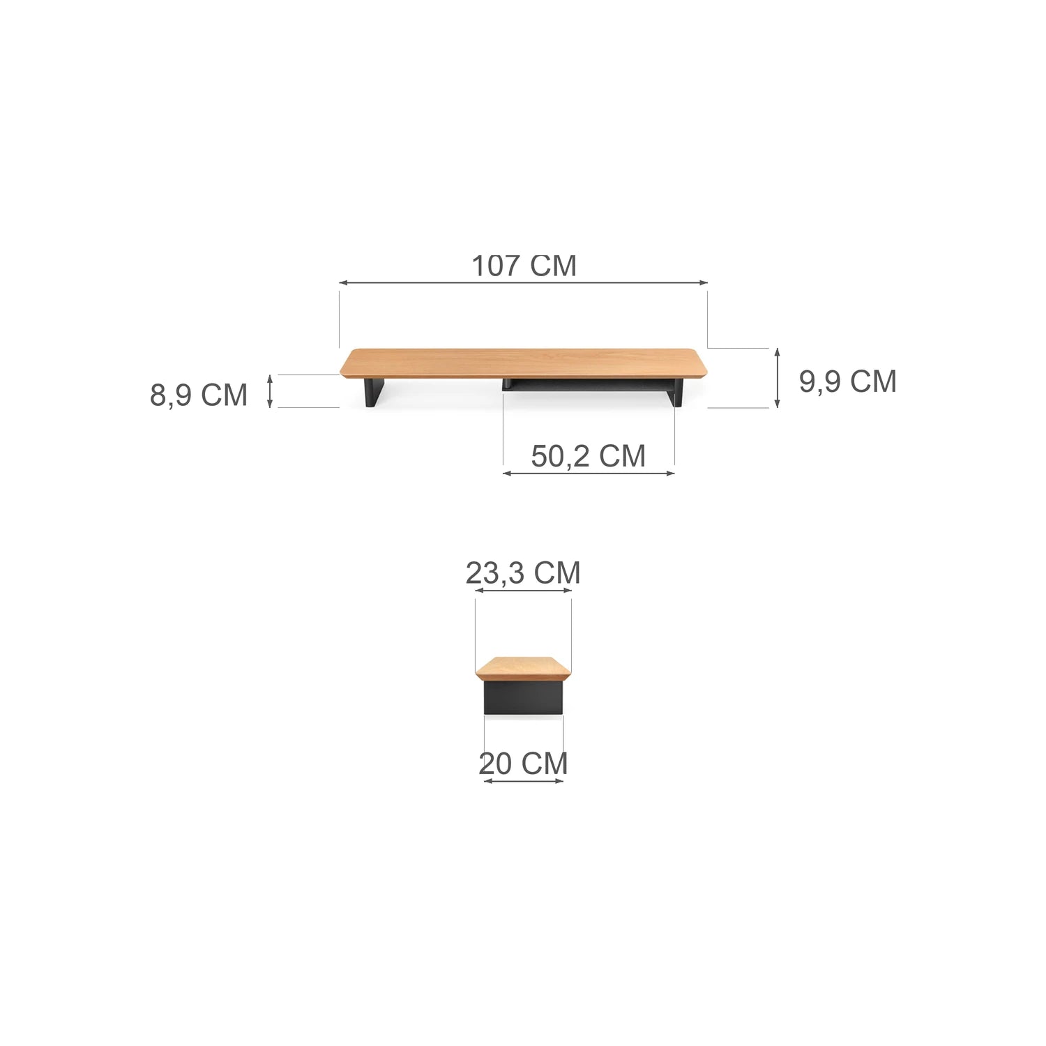 Afmetingen Alberenz eiken monitorverhoger: 107 x 23,3 x 9,9 cm, 8,9 cm vrije hoogte, documentenhouder 50,2 cm
